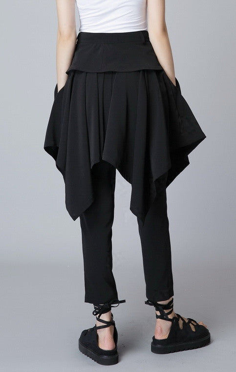 Original Design High Waist Skinny Leg Skirt Layer Crepe Pants // Asymmetrical Skirt Layer Trouser - Ofelya Boutique