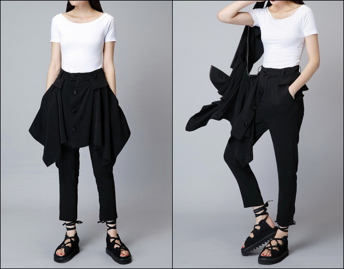 Original Design High Waist Skinny Leg Skirt Layer Crepe Pants // Asymmetrical Skirt Layer Trouser - Ofelya Boutique