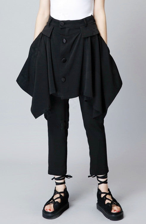 Original Design High Waist Skinny Leg Skirt Layer Crepe Pants // Asymmetrical Skirt Layer Trouser - Ofelya Boutique