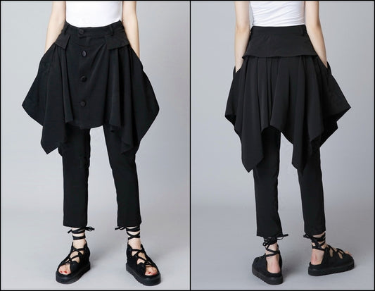 Original Design High Waist Skinny Leg Skirt Layer Crepe Pants // Asymmetrical Skirt Layer Trouser - Ofelya Boutique