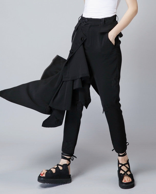 Original Design High Waist Skinny Leg Skirt Layer Crepe Pants // Asymmetrical Skirt Layer Trouser - Ofelya Boutique