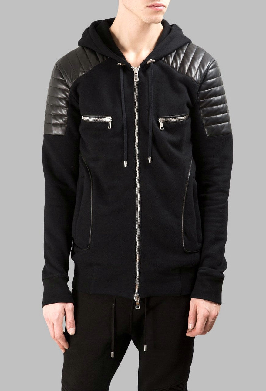 Men's Black Quilted Padded Hoodie with Drawstrings /Zipped Chest Pockets -Two Zipped Side Pockets - Ofelya Boutique