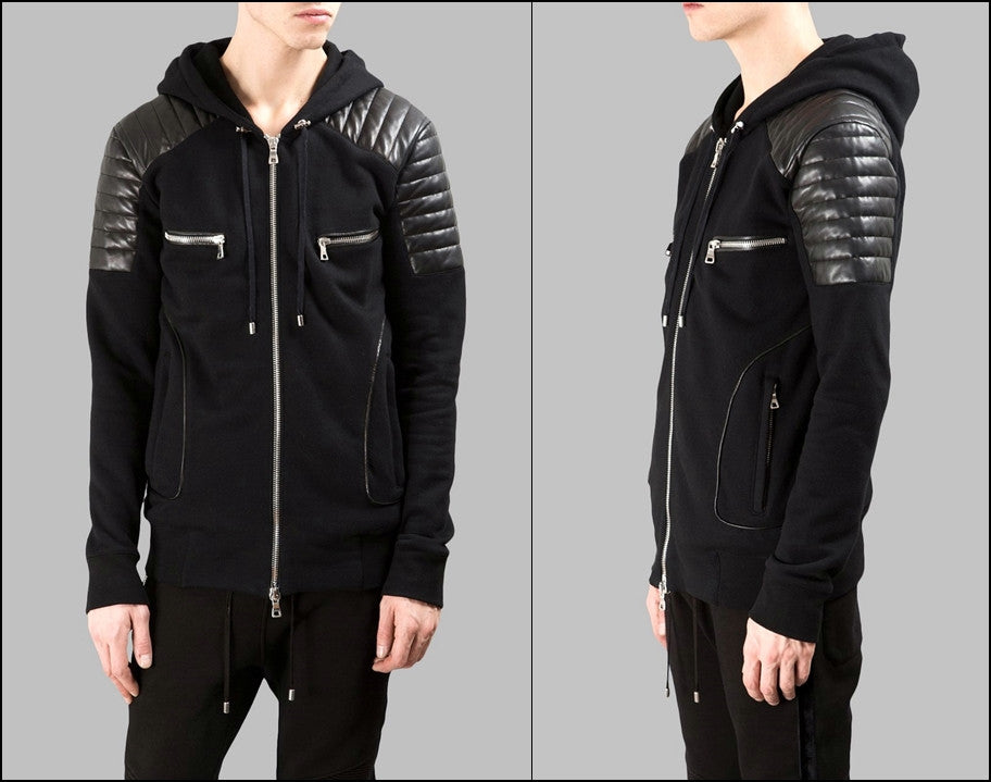 Men's Black Quilted Padded Hoodie with Drawstrings /Zipped Chest Pockets -Two Zipped Side Pockets - Ofelya Boutique