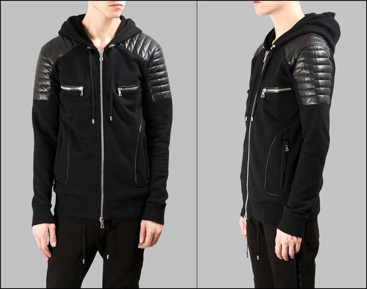 Men's Black Quilted Padded Hoodie with Drawstrings /Zipped Chest Pockets -Two Zipped Side Pockets - Ofelya Boutique