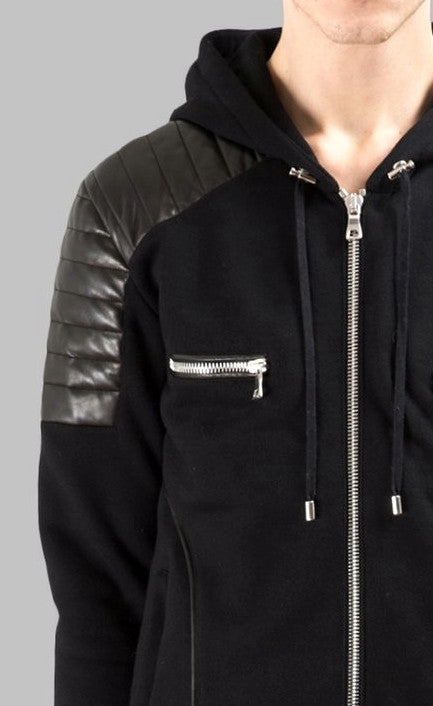 Men's Black Quilted Padded Hoodie with Drawstrings /Zipped Chest Pockets -Two Zipped Side Pockets - Ofelya Boutique