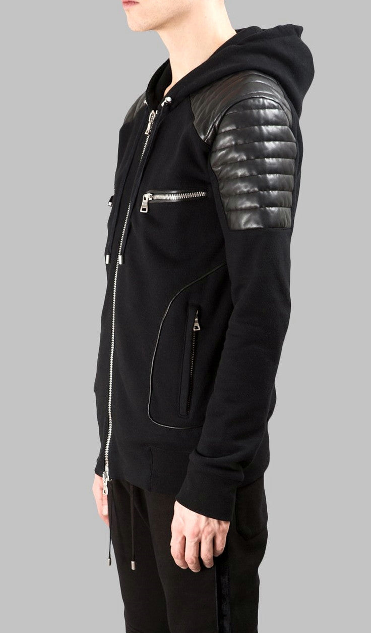 Men's Black Quilted Padded Hoodie with Drawstrings /Zipped Chest Pockets -Two Zipped Side Pockets - Ofelya Boutique