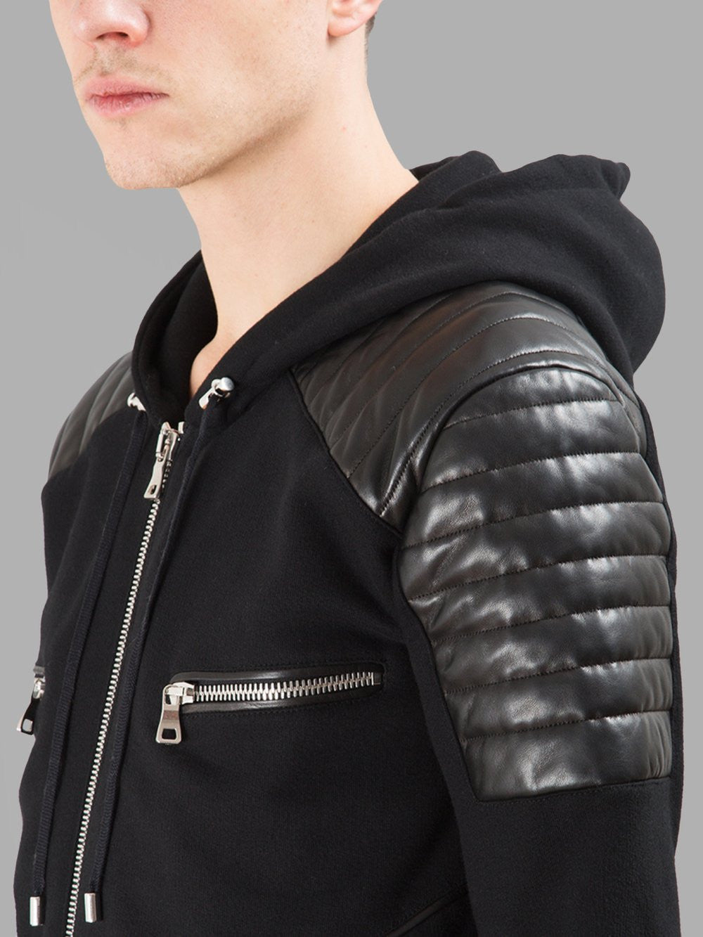 Men's Black Quilted Padded Hoodie with Drawstrings /Zipped Chest Pockets -Two Zipped Side Pockets - Ofelya Boutique