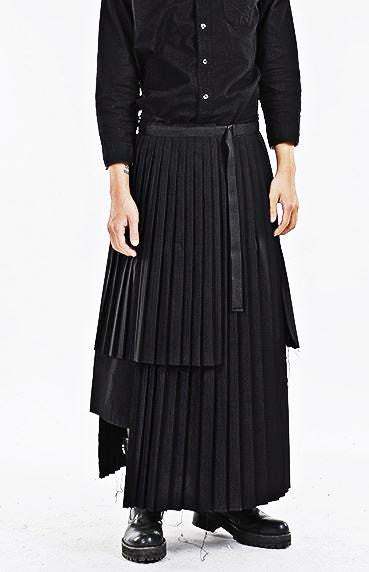 Dark Black Essentials Pleats Wrap Long Skirt // Pleated Skirt Mens / Wear it with Drop Crotch Pants - Ofelya Boutique
