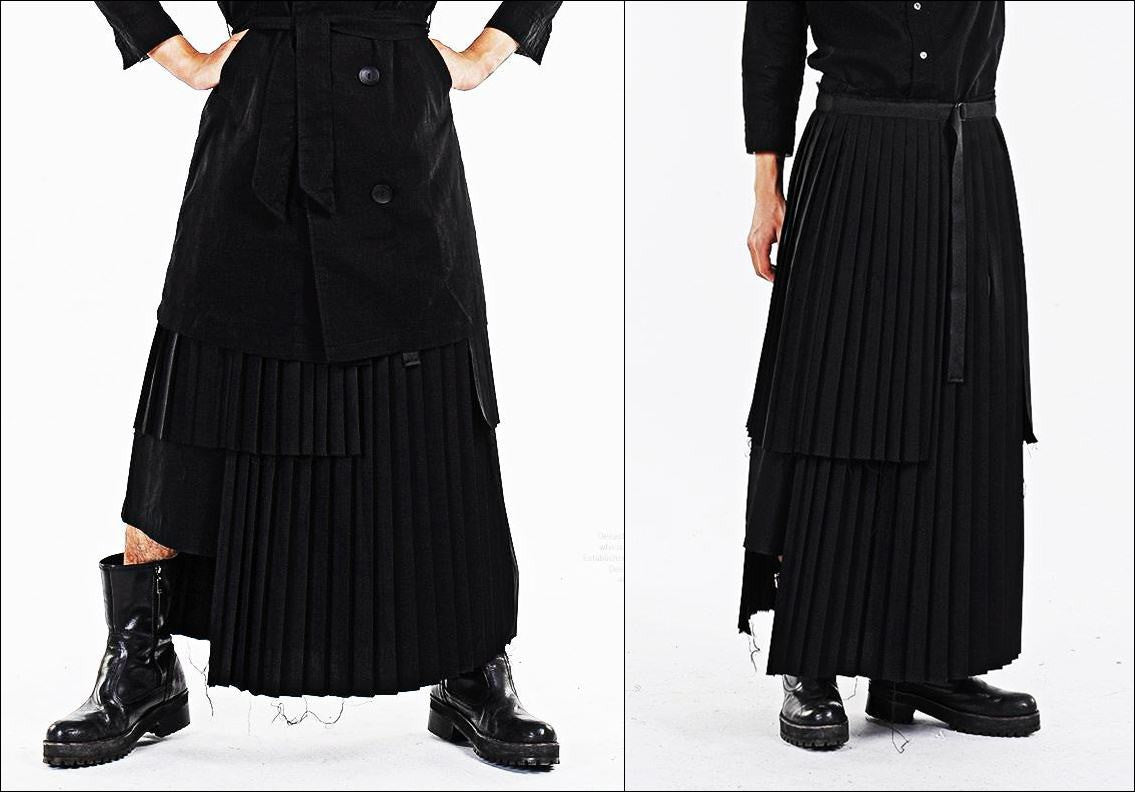 Dark Black Essentials Pleats Wrap Long Skirt // Pleated Skirt Mens / Wear it with Drop Crotch Pants - Ofelya Boutique