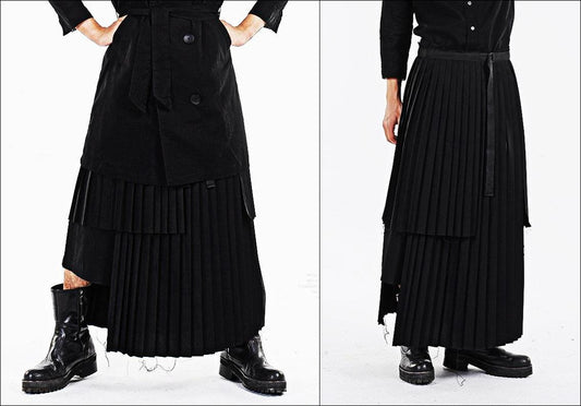 Dark Black Essentials Pleats Wrap Long Skirt //  Pleated Skirt Mens / Wear it with Drop Crotch Pants - Ofelya Boutique