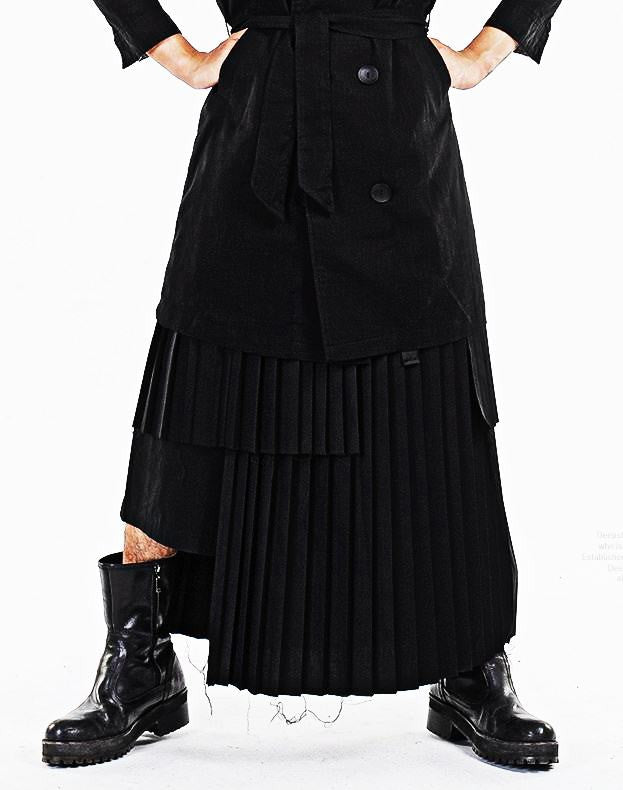 Dark Black Essentials Pleats Wrap Long Skirt // Pleated Skirt Mens / Wear it with Drop Crotch Pants - Ofelya Boutique