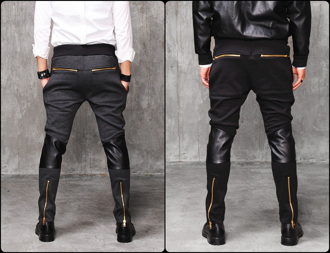 Faux Leather Paneled  Knee Gold and Silver ZipperJogger Leg Mens Slim Biker Jersey Sweatpants - Ofelya Boutique