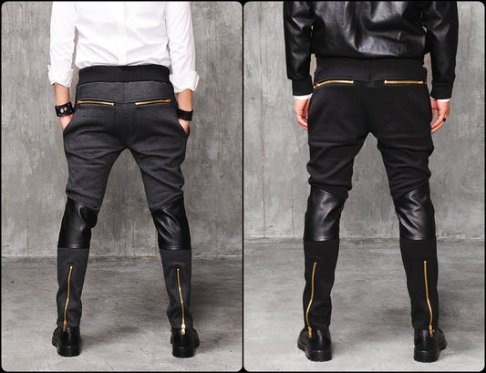 Faux Leather Paneled  Knee Gold and Silver ZipperJogger Leg Mens Slim Biker Jersey Sweatpants - Ofelya Boutique