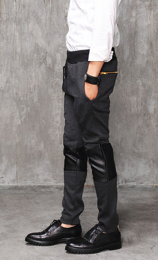Faux Leather Paneled  Knee Gold and Silver ZipperJogger Leg Mens Slim Biker Jersey Sweatpants - Ofelya Boutique