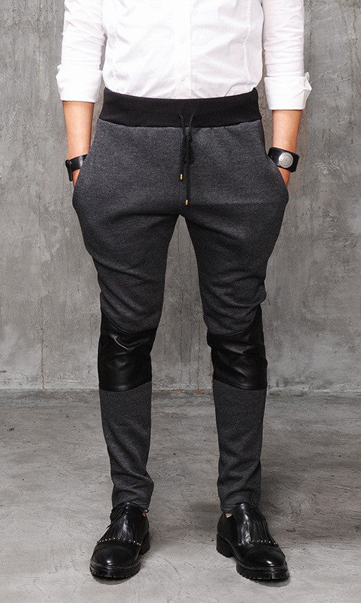 Faux Leather Paneled  Knee Gold and Silver ZipperJogger Leg Mens Slim Biker Jersey Sweatpants - Ofelya Boutique