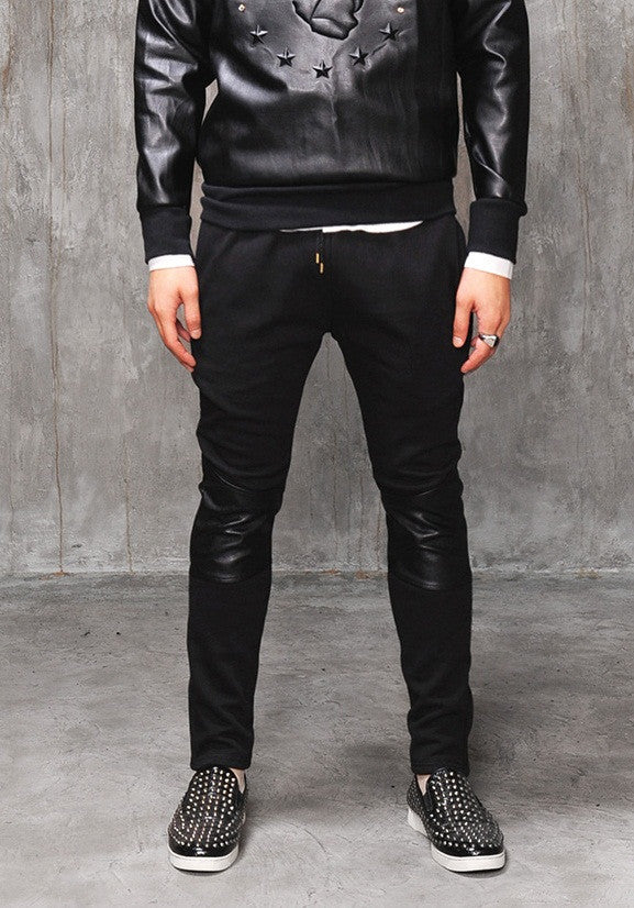 Faux Leather Paneled  Knee Gold and Silver ZipperJogger Leg Mens Slim Biker Jersey Sweatpants - Ofelya Boutique
