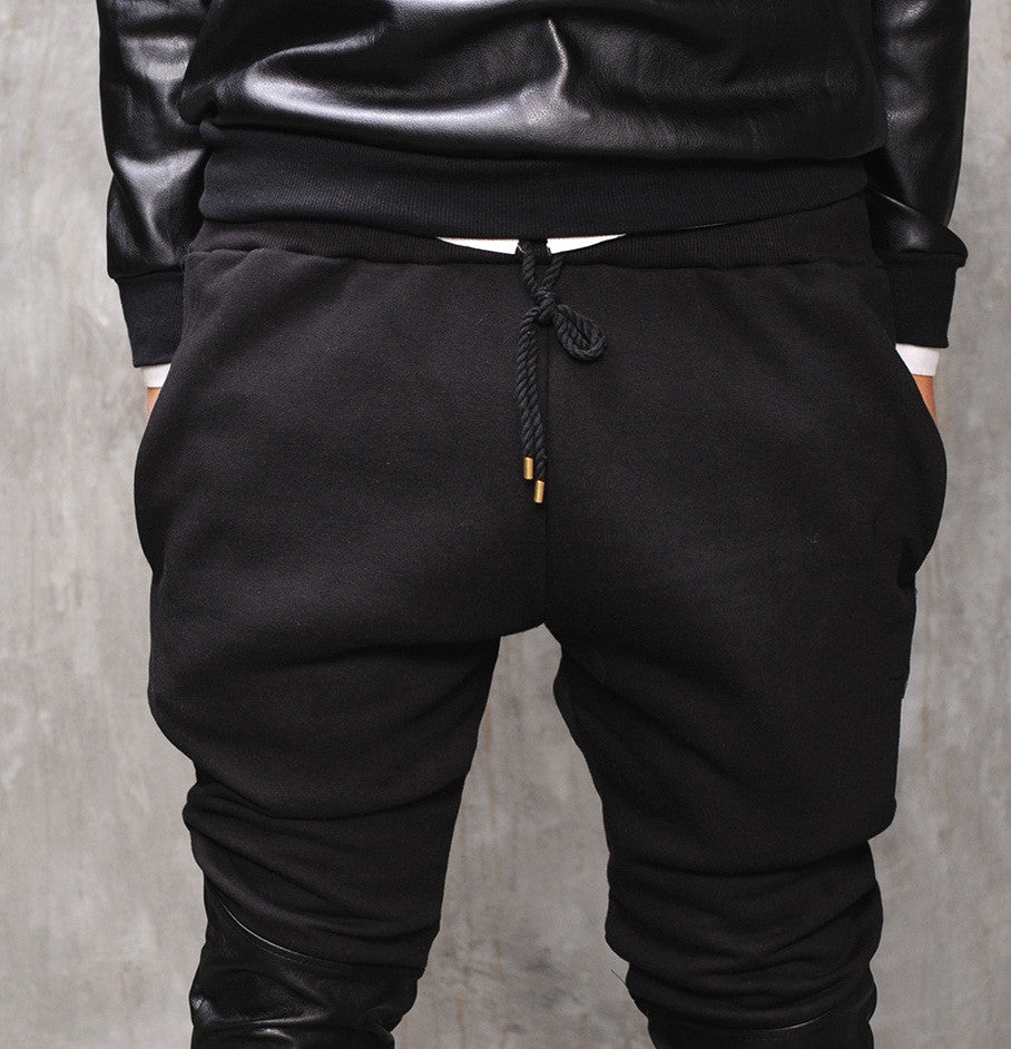 Faux Leather Paneled  Knee Gold and Silver ZipperJogger Leg Mens Slim Biker Jersey Sweatpants - Ofelya Boutique