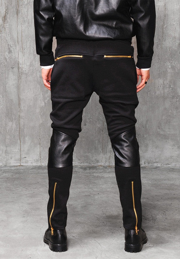 Faux Leather Paneled  Knee Gold and Silver ZipperJogger Leg Mens Slim Biker Jersey Sweatpants - Ofelya Boutique