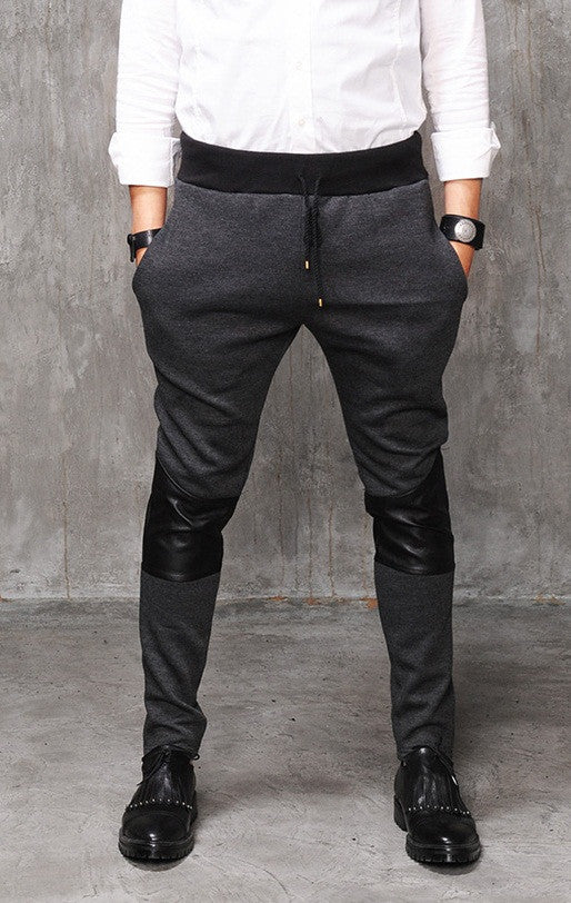 Faux Leather Paneled  Knee Gold and Silver ZipperJogger Leg Mens Slim Biker Jersey Sweatpants - Ofelya Boutique