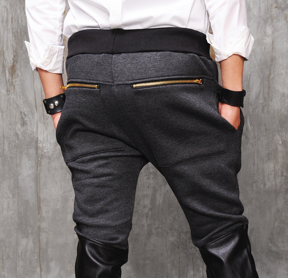 Faux Leather Paneled  Knee Gold and Silver ZipperJogger Leg Mens Slim Biker Jersey Sweatpants - Ofelya Boutique
