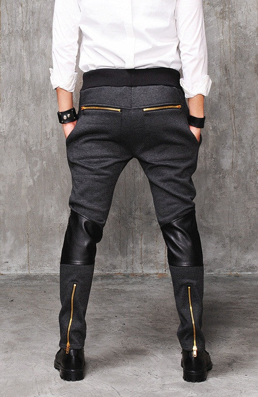 Faux Leather Paneled  Knee Gold and Silver ZipperJogger Leg Mens Slim Biker Jersey Sweatpants - Ofelya Boutique