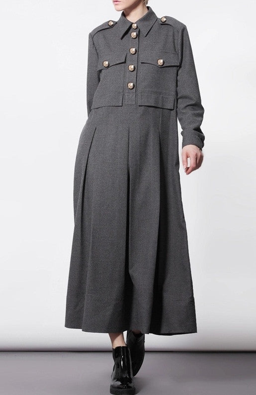Woolblend Front Button Closure Floor Long Military Style Dress - Ofelya Boutique