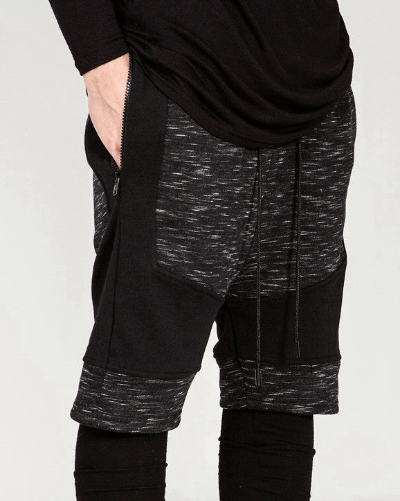 Dark Biker Black Panelling Shadow Shorts with a Drop Crotch and Tapered Leg - Ofelya Boutique