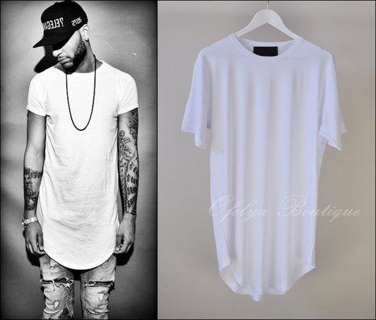 Men Wide Neck Extended Essential Short Sleeve Oval Hem Long Tee