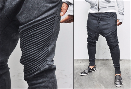 Men Slim-Fit Biker Drop Crotch Dual Zip Pants Trouser Pintuck - Ofelya Boutique