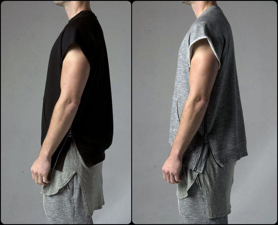 KANYEWEST Essential Short Sleeve Raw Sleeve Edges Side Zip Muscle Crew Neck Sweatshirt - Ofelya Boutique