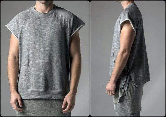 KANYEWEST Essential Short Sleeve Raw Sleeve Edges Side Zip Muscle Crew Neck Sweatshirt - Ofelya Boutique