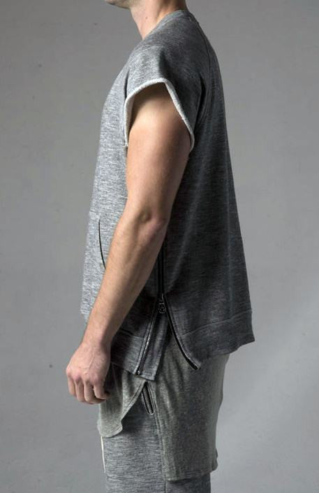 KANYEWEST Essential Short Sleeve Raw Sleeve Edges Side Zip Muscle Crew Neck Sweatshirt - Ofelya Boutique