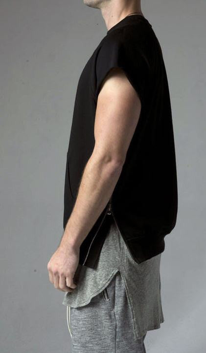 KANYEWEST Essential Short Sleeve Raw Sleeve Edges Side Zip Muscle Crew Neck Sweatshirt - Ofelya Boutique