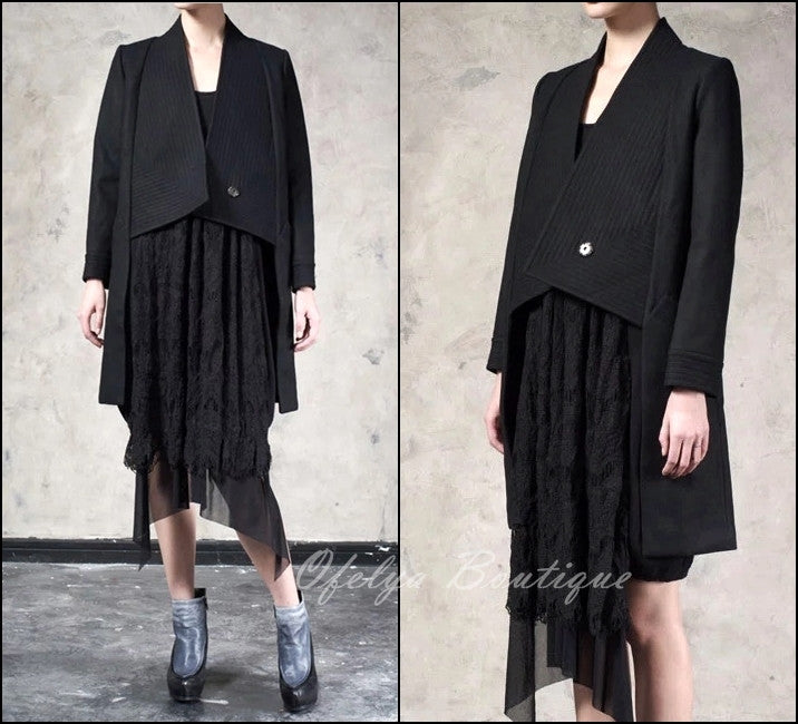 Winter Back Long Quilted Collar Red -Black Woolen Coat Jacket// Short in Front Long Back Loose - Ofelya Boutique