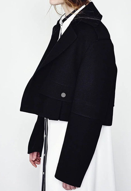 Winter Short Black Woolen Coat // Wool Long-Loose made oversized Sleeved Jacket Details - Ofelya Boutique