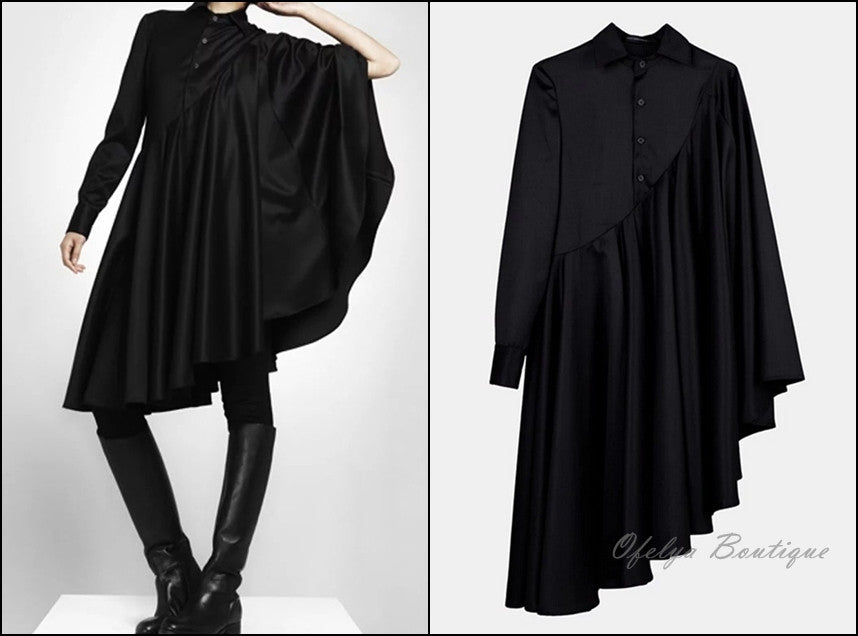 Bat Sleeve Loose Fit Cape-Style Blouse Shirt Asymmetrical pleated Skirt Dress Tunic - Ofelya Boutique