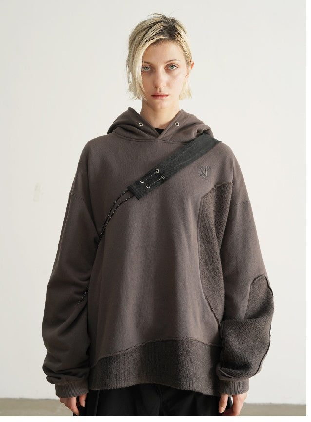Irregular Stitching Mohair Camper Asymmetric Cut Sweatshirt Hoodie