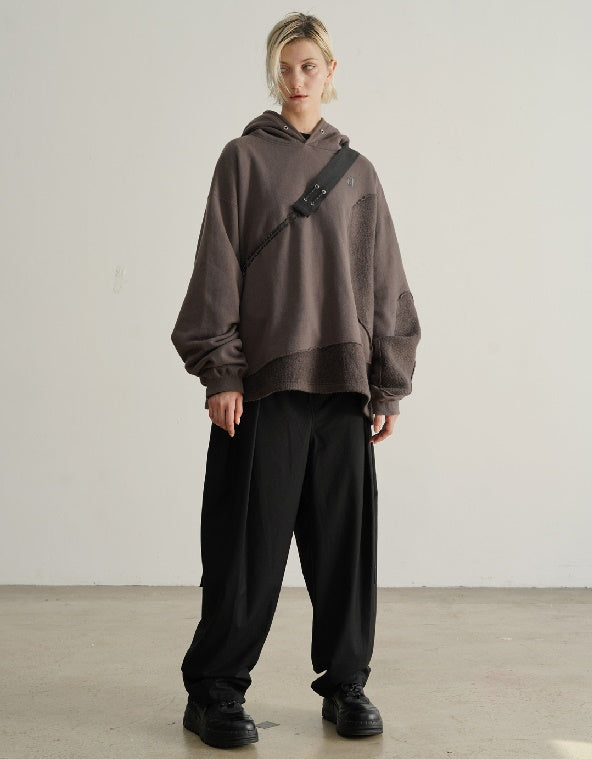 Irregular Stitching Mohair Camper Asymmetric Cut Sweatshirt Hoodie