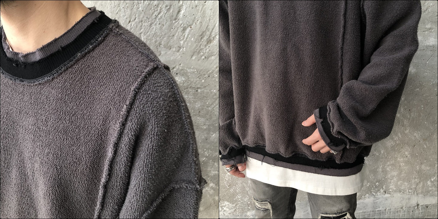 XS-6XL Men Oversize Cross Stitching Raw Edge Round Neck Pullover Sweatshirt