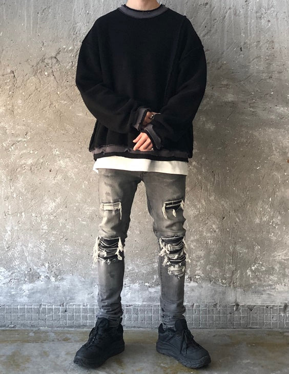 Oversize Original Stitching Raw Edges Round Neck Utility Sweater