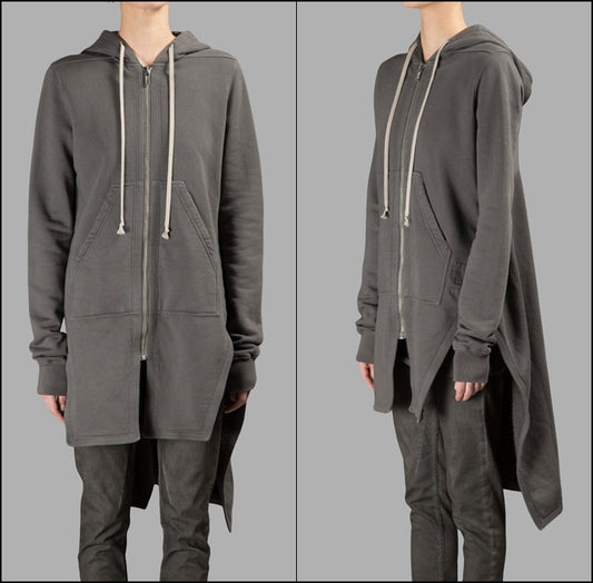 Grey Long Hoodie /Zip Closure  /Two Side Pockets /  Asymmetric Raw Cut Sleeve Seam - Ofelya Boutique