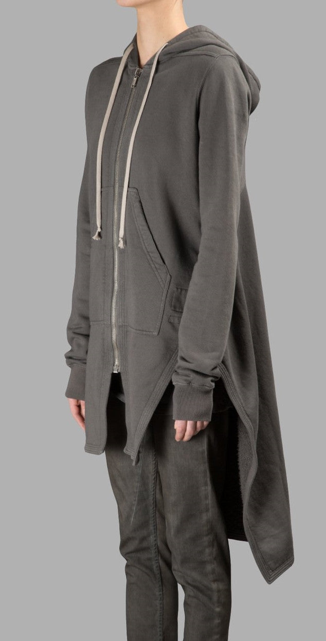 Grey Long Hoodie /Zip Closure  /Two Side Pockets /  Asymmetric Raw Cut Sleeve Seam - Ofelya Boutique