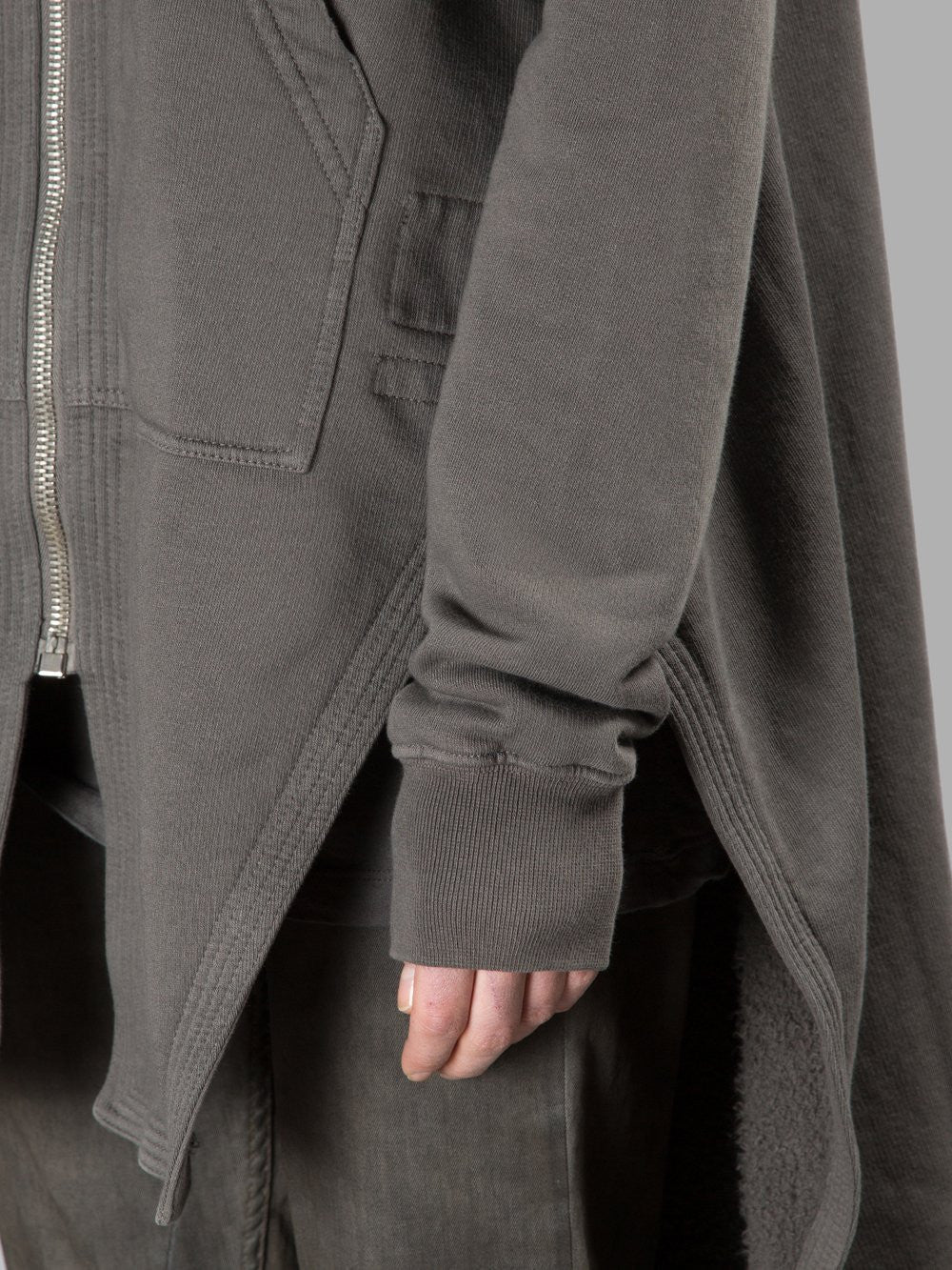 Grey Long Hoodie /Zip Closure  /Two Side Pockets /  Asymmetric Raw Cut Sleeve Seam - Ofelya Boutique