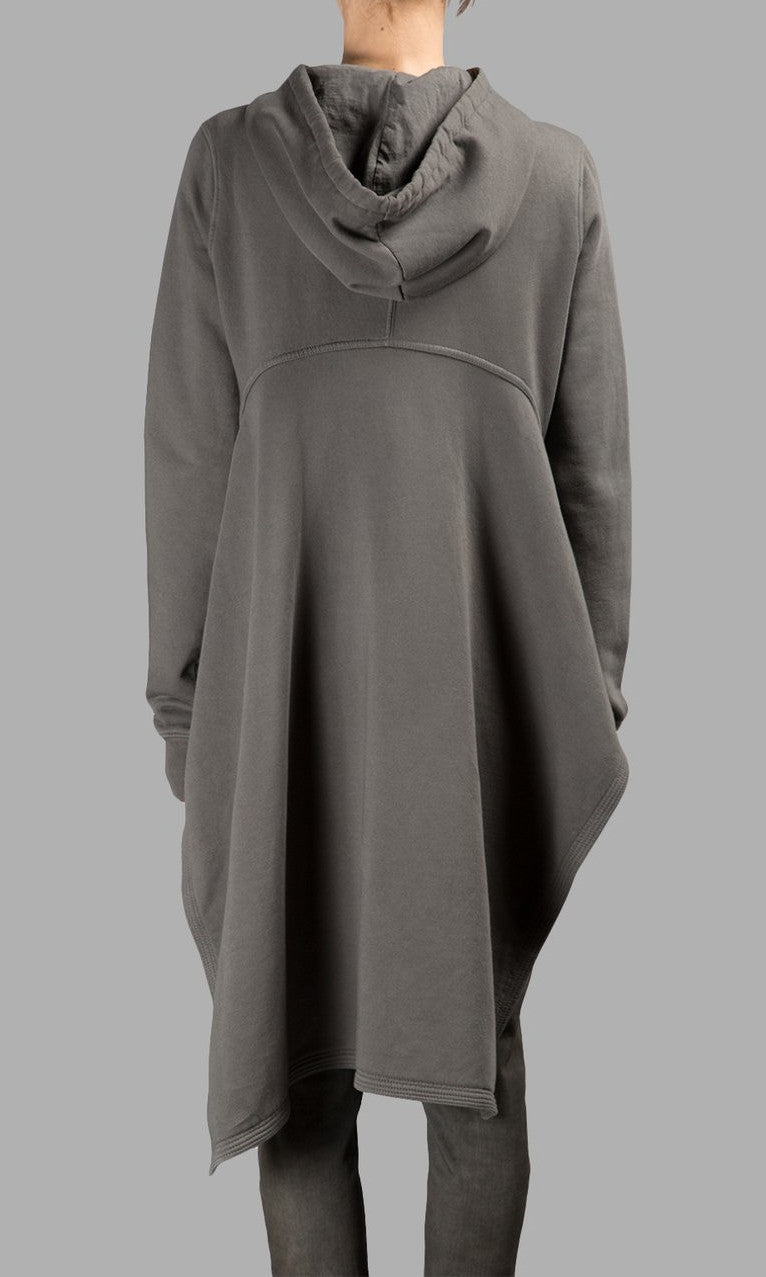 Grey Long Hoodie /Zip Closure  /Two Side Pockets /  Asymmetric Raw Cut Sleeve Seam - Ofelya Boutique