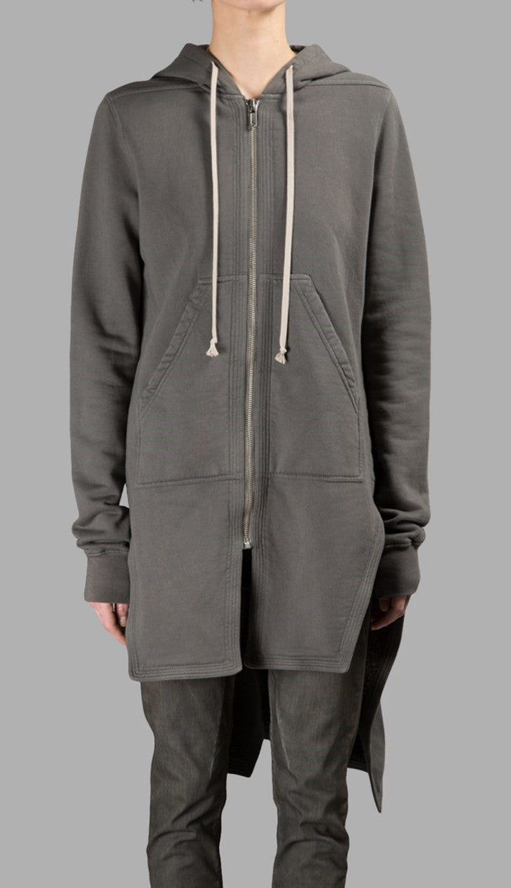 Grey Long Hoodie /Zip Closure  /Two Side Pockets /  Asymmetric Raw Cut Sleeve Seam - Ofelya Boutique