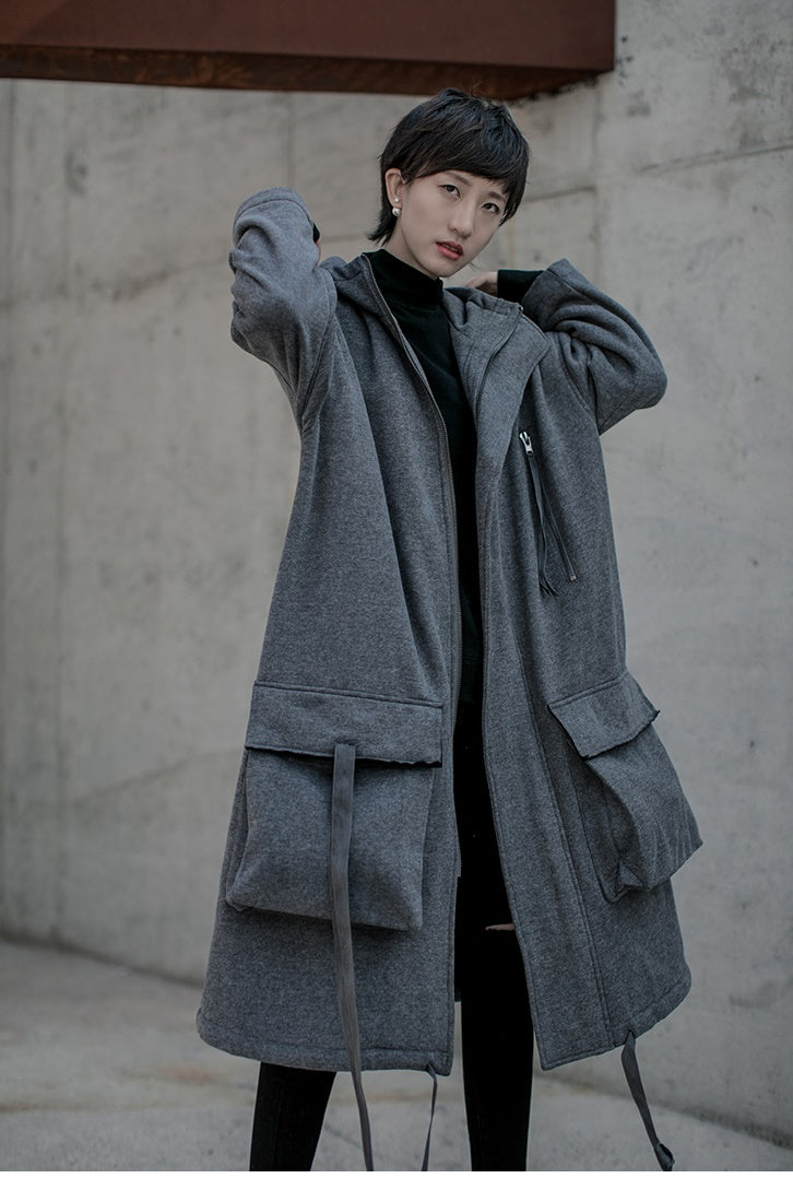 Dark Neutral Large Pockets Overlong Knee-Below Fleece Coat Hoodie