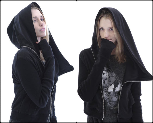 Black Assimetric Zip Collar Cotton Fleece Hood Sweatshirt Dark - Ofelya Boutique