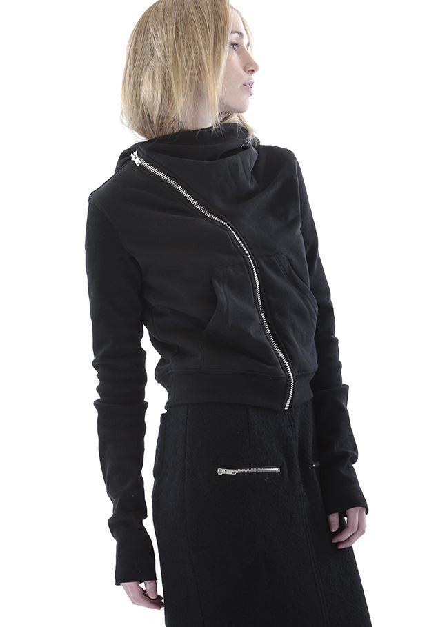 Black Assimetric Zip Collar Cotton Fleece Hood Sweatshirt Dark - Ofelya Boutique