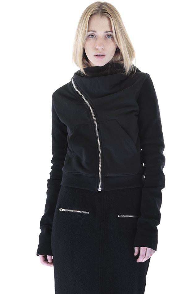 Black Assimetric Zip Collar Cotton Fleece Hood Sweatshirt Dark - Ofelya Boutique