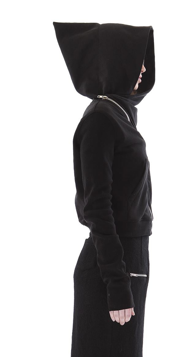 Black Assimetric Zip Collar Cotton Fleece Hood Sweatshirt Dark - Ofelya Boutique